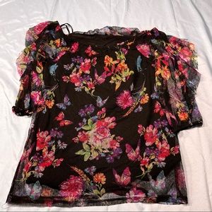 Inc International Concepts Womens Petite Black Botanical Print Flounce Blouse PS